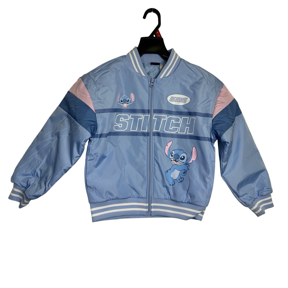 Disney Stitch Girls Bomber Jacket 7/8 Blue Pink Ohana 626 NWT